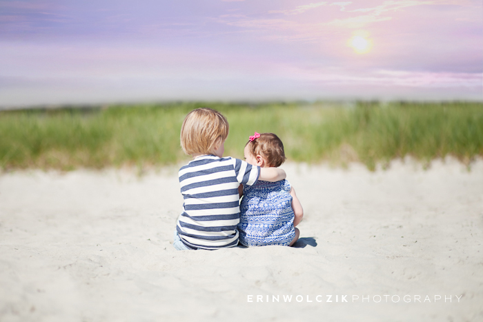 siblings on beach at sunrise . family photographer ~ boston, ma