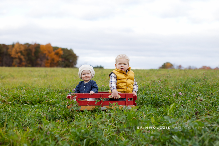 children in red wagon ~ fall family photos, westborough, ma